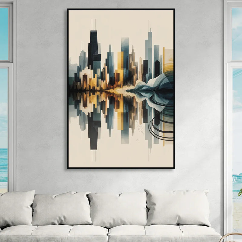 Chicago Metallic Skyline Outline Sitting Room - Black Canvas Wall Art