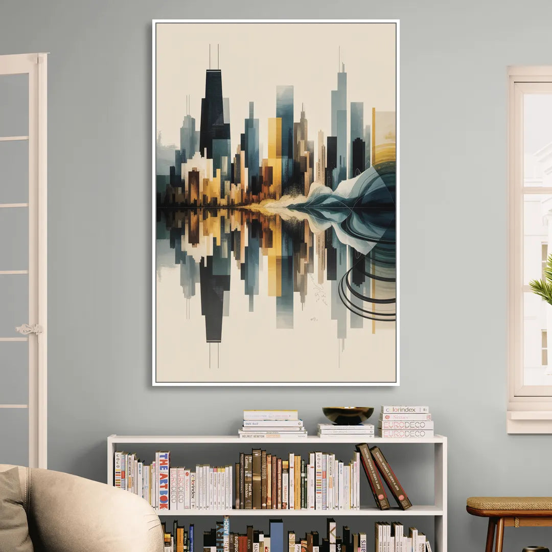 Chicago Metallic Skyline Outline Living Room - White Canvas Wall Art