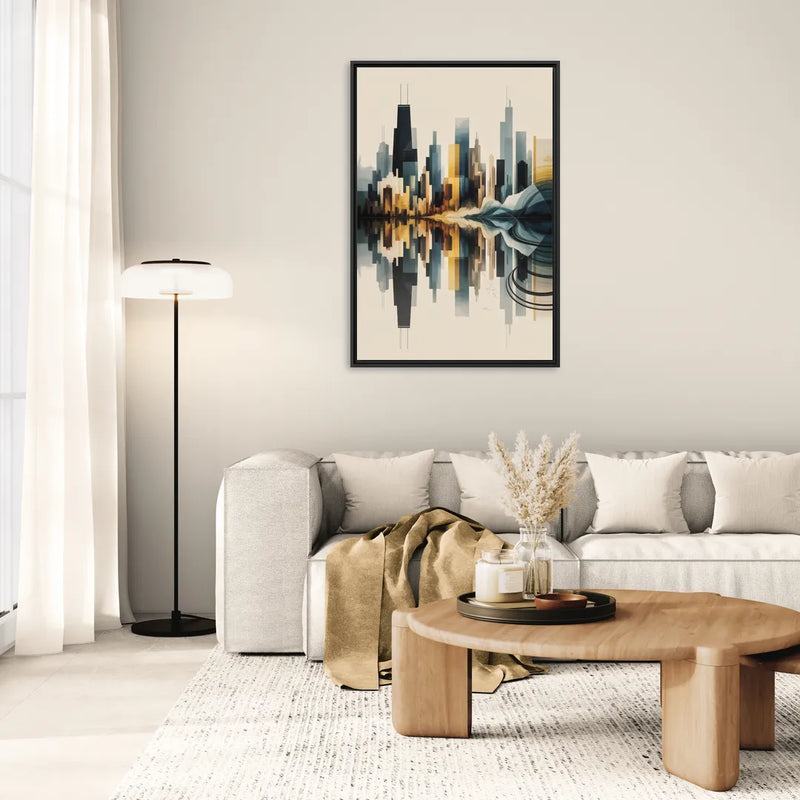 Chicago Metallic Skyline Outline - Living Room Black Frame Canvas