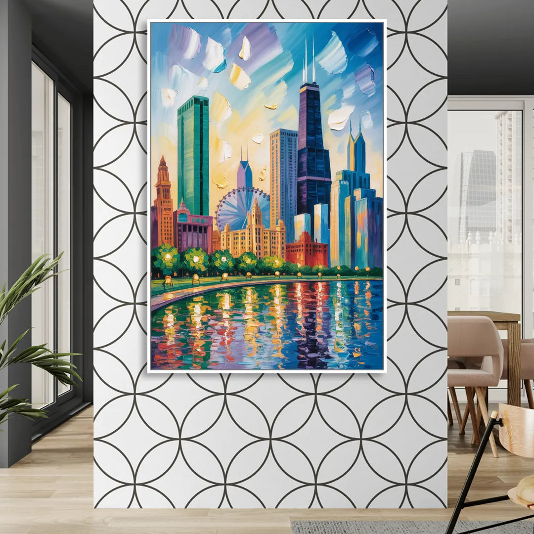 Chicago Minimal Line Art Skyline Living Room - White Canvas Wall Art