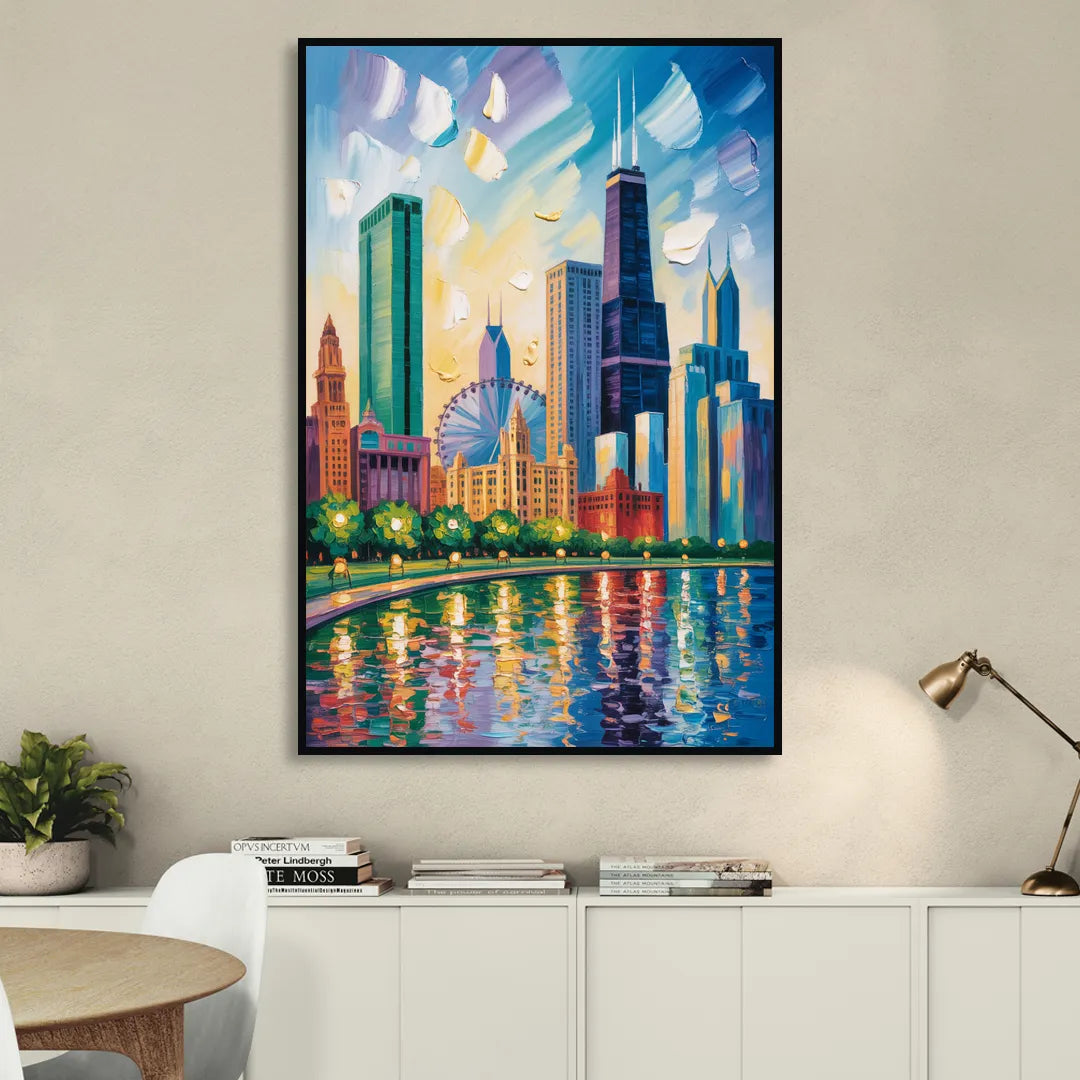 Chicago Minimal Line Art Skyline Sitting Room - Black Canvas Wall Art