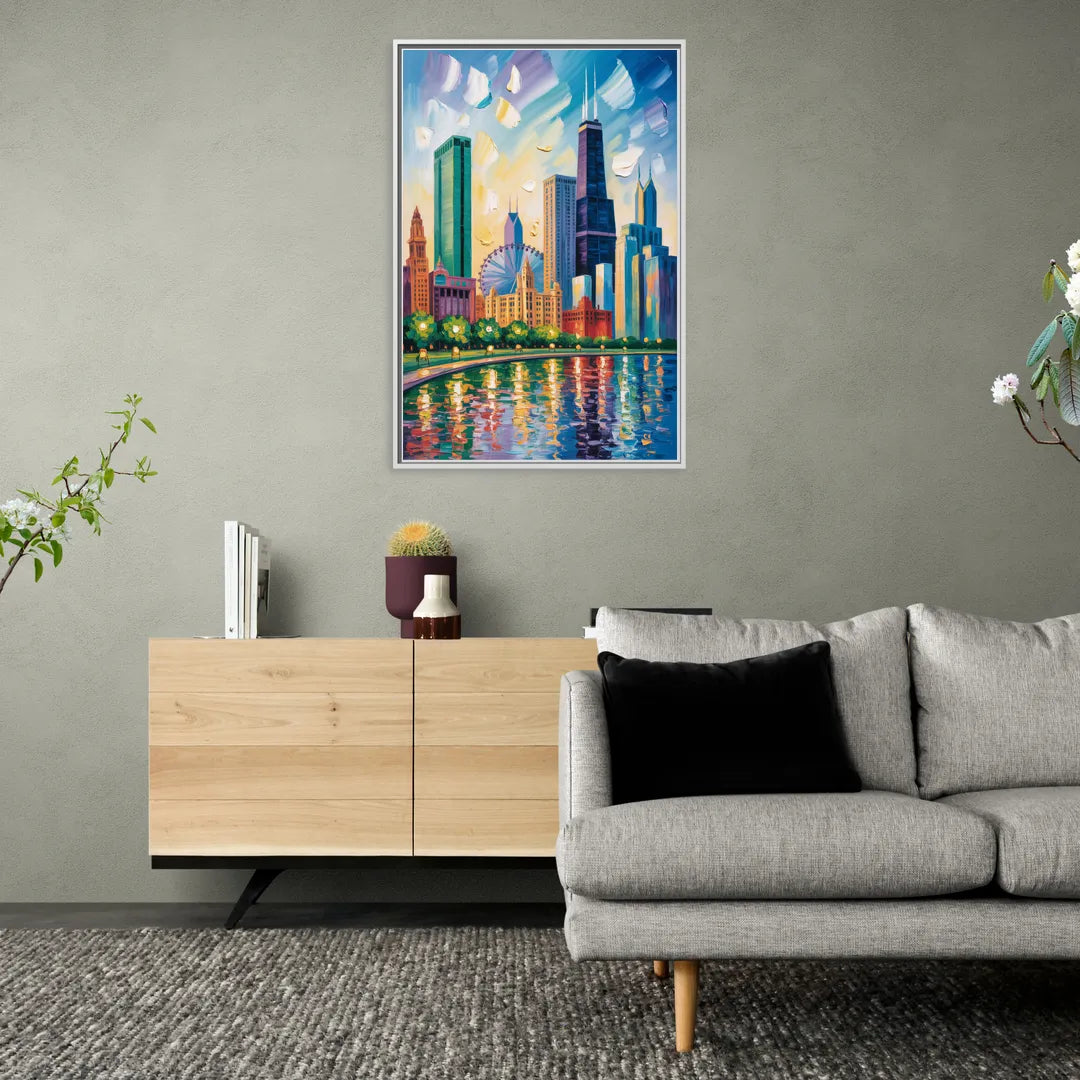 Chicago Minimal Line Art Skyline - Living Room White Frame Canvas