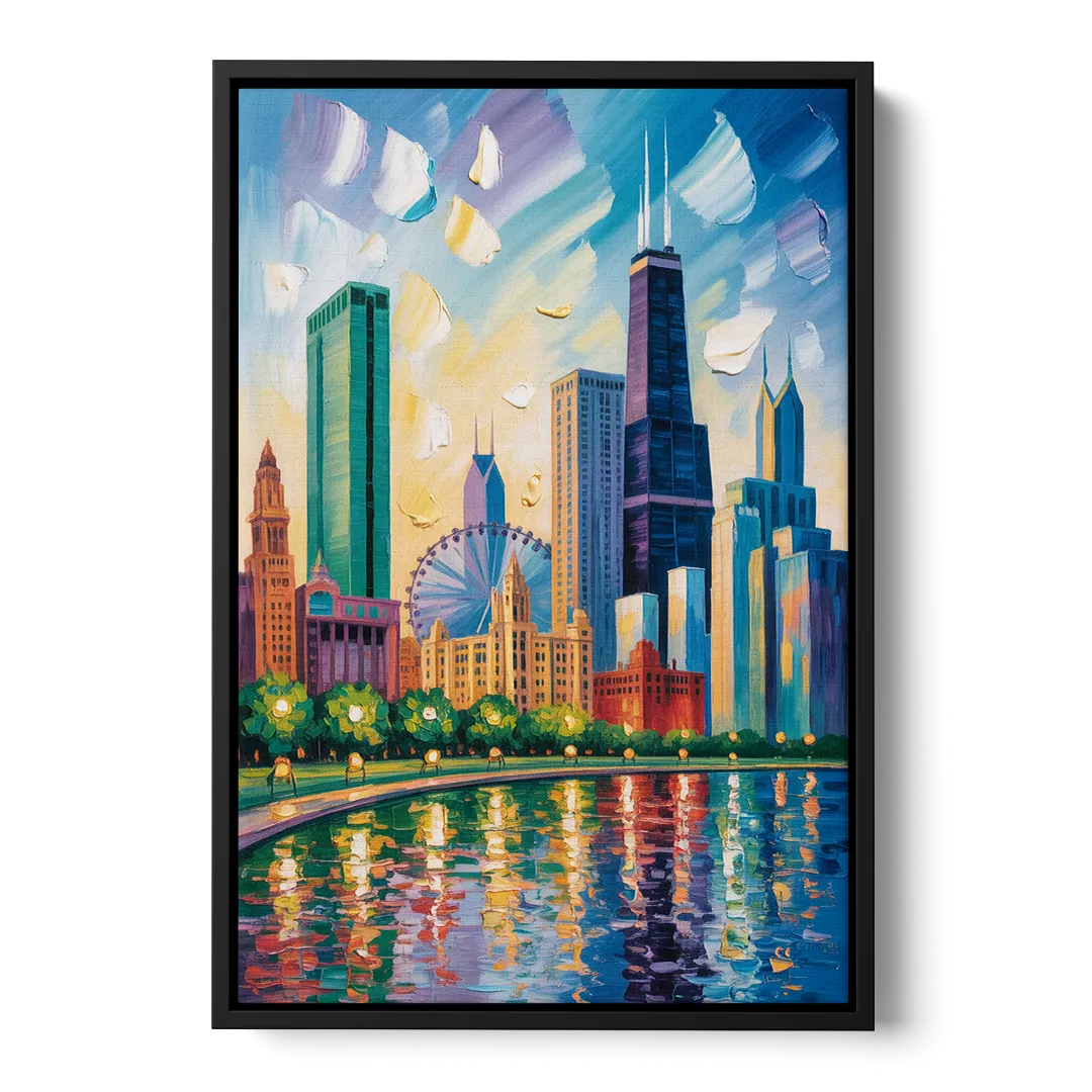 Chicago Minimal Line Art Skyline - Black Frame Canvas