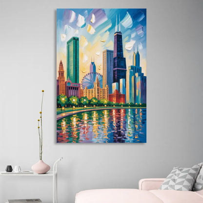 Chicago Minimal Line Art Skyline Living Room - Canvas Wall Art