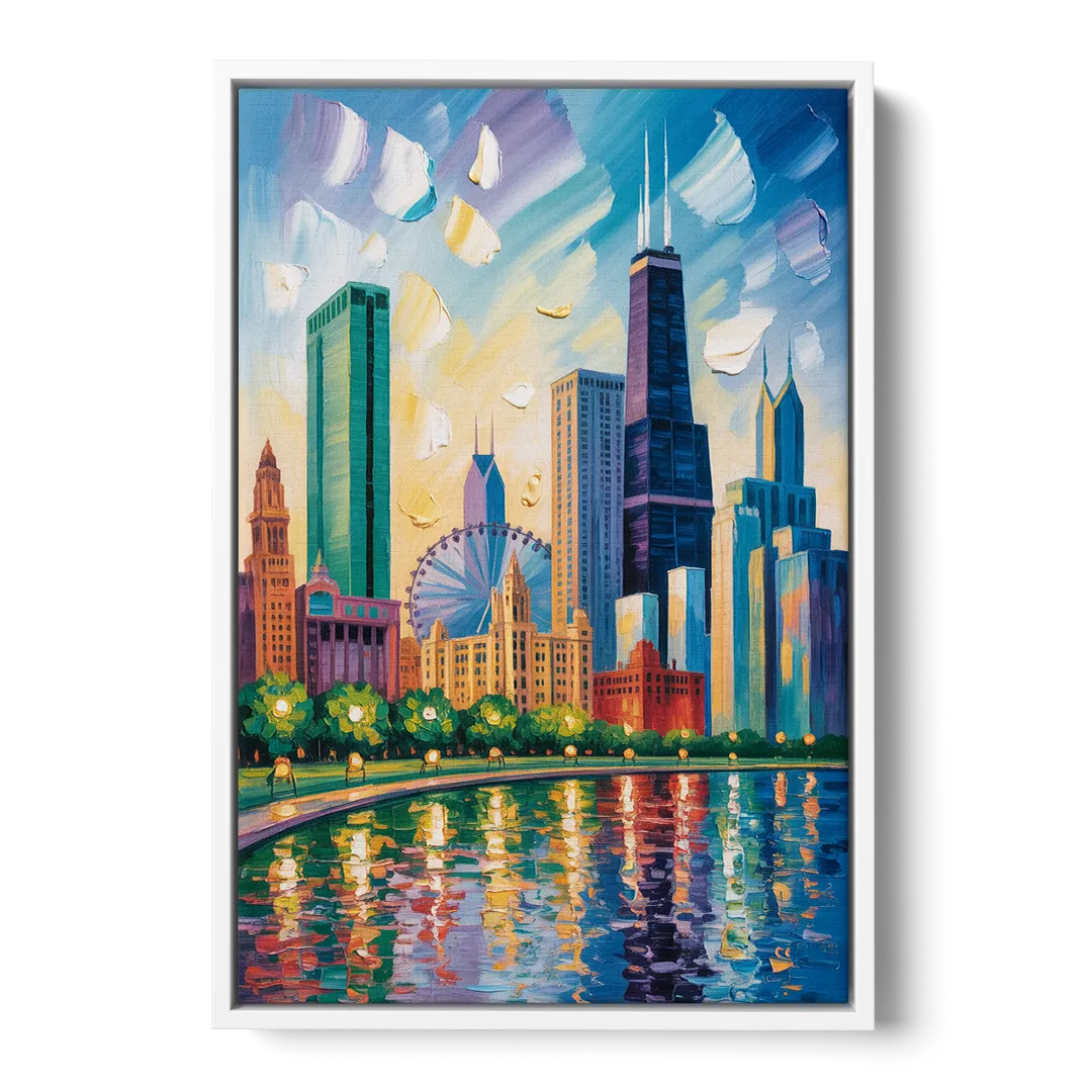 Chicago Minimal Line Art Skyline Front - White Canvas Wall Art