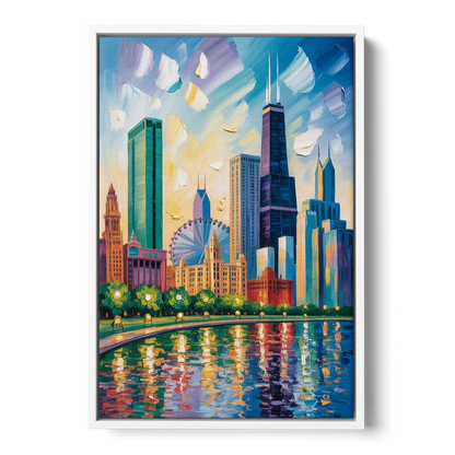 Chicago Minimal Line Art Skyline Front - White Canvas Wall Art
