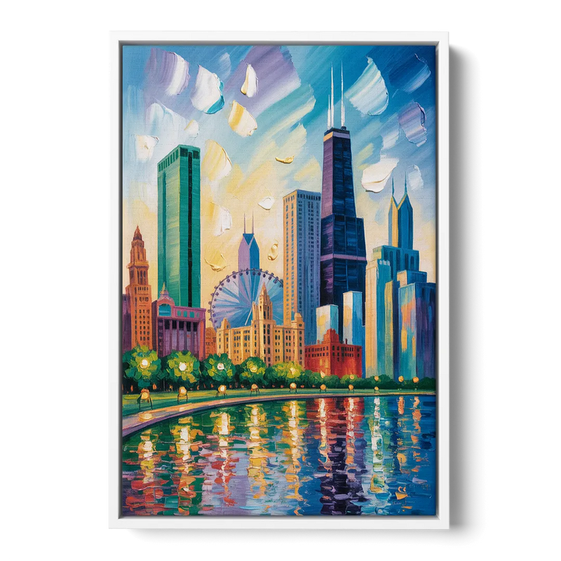 Chicago Minimal Line Art Skyline - White Frame Canvas