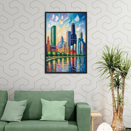 Chicago Minimal Line Art Skyline - Living Room Black Frame Canvas