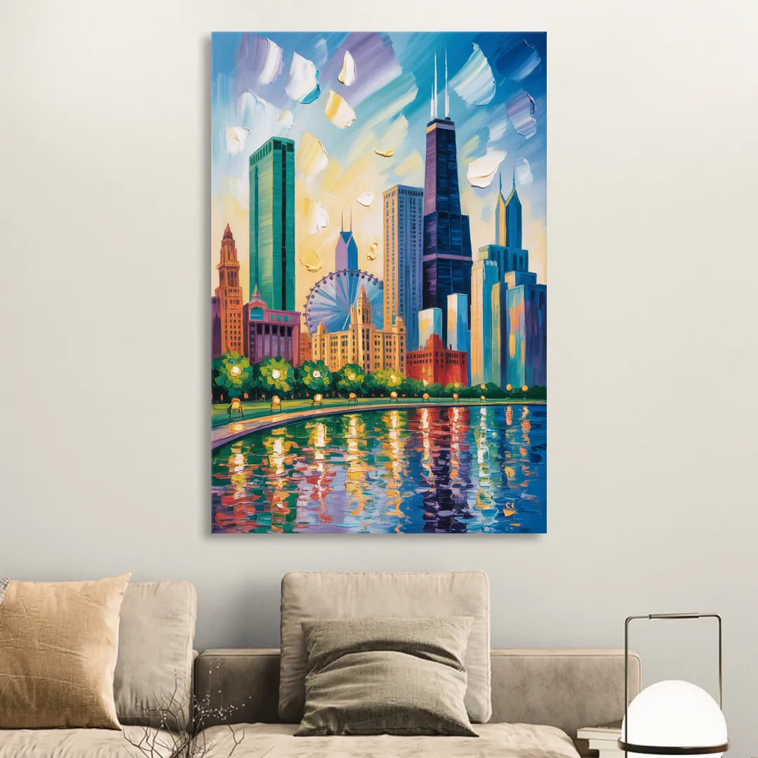 Chicago Minimal Line Art Skyline Sitting Room - Canvas Wall Art