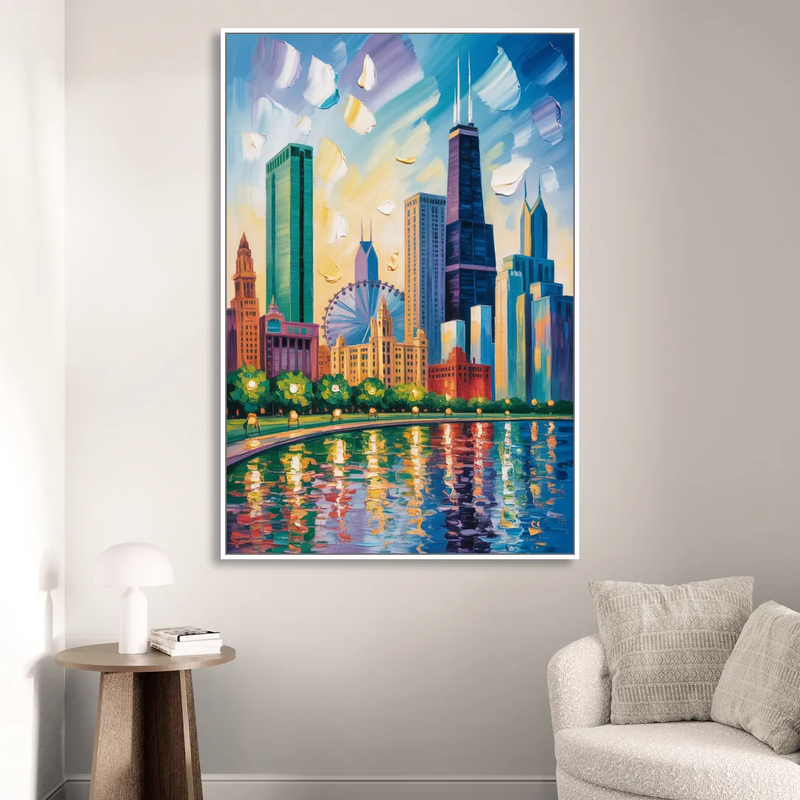 Chicago Minimal Line Art Skyline Sitting Room - White Canvas Wall Art