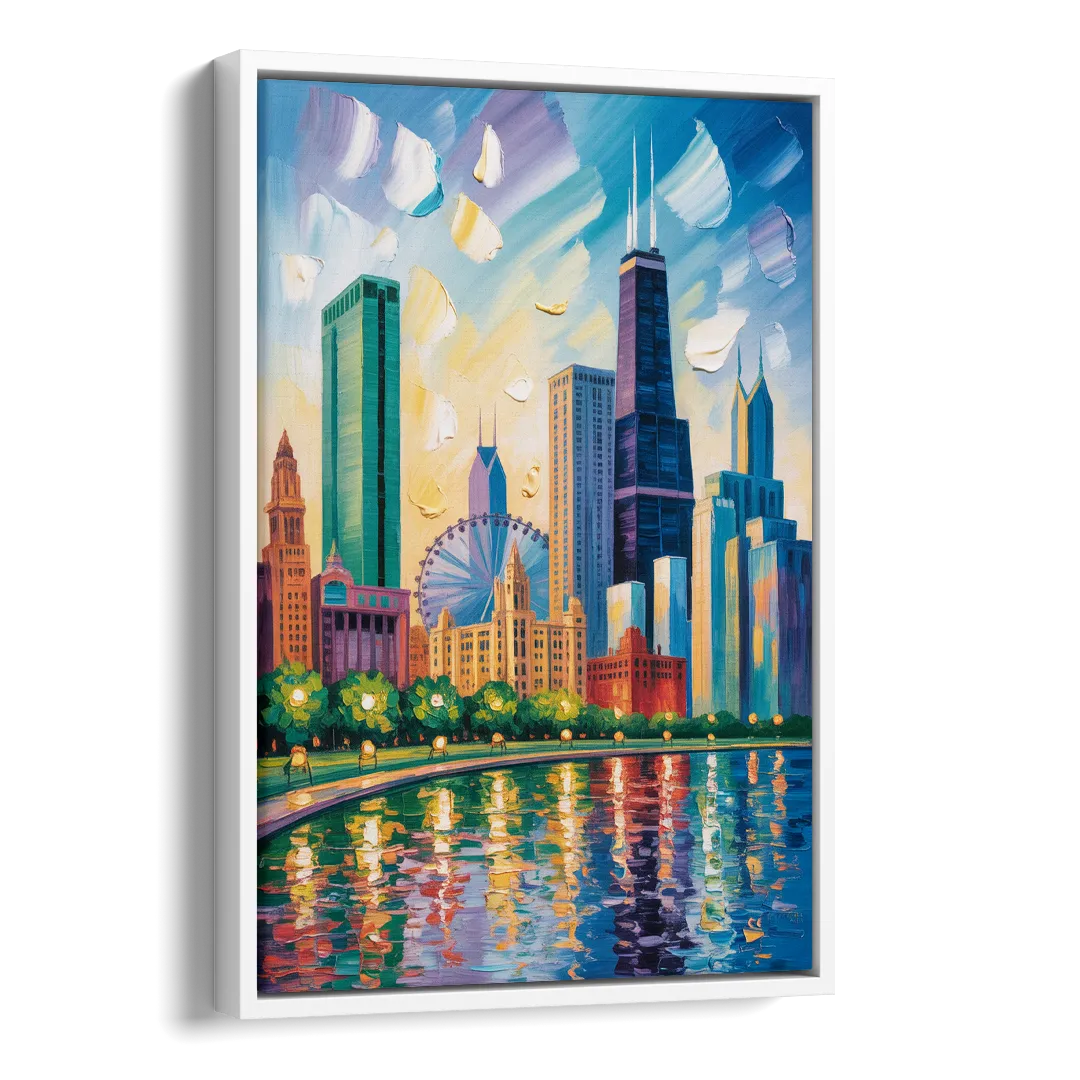 Chicago Minimal Line Art Skyline Side - White Canvas Wall Art