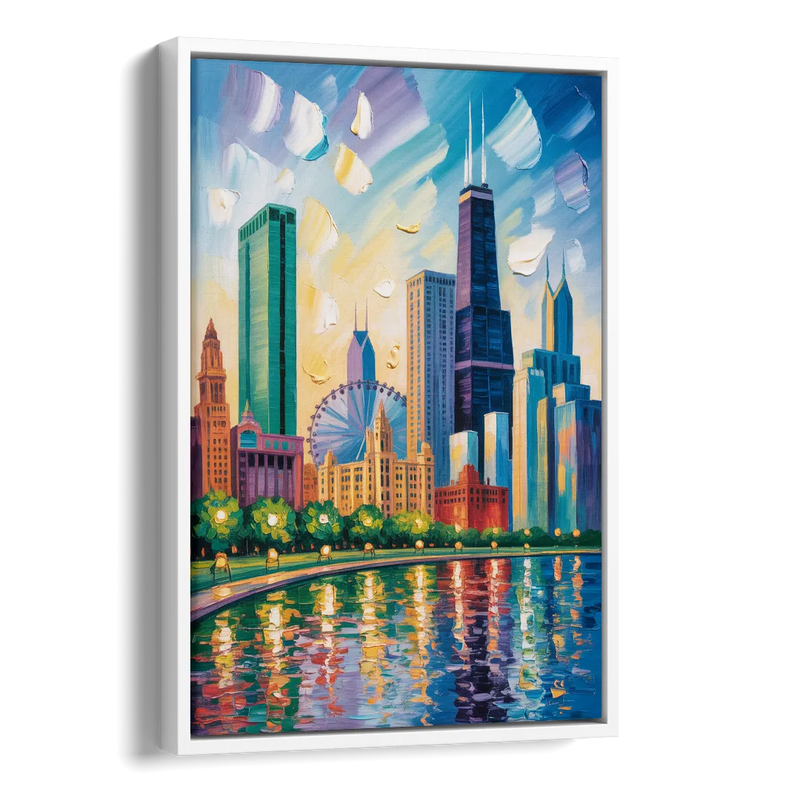Chicago Minimal Line Art Skyline Side - White Canvas Wall Art