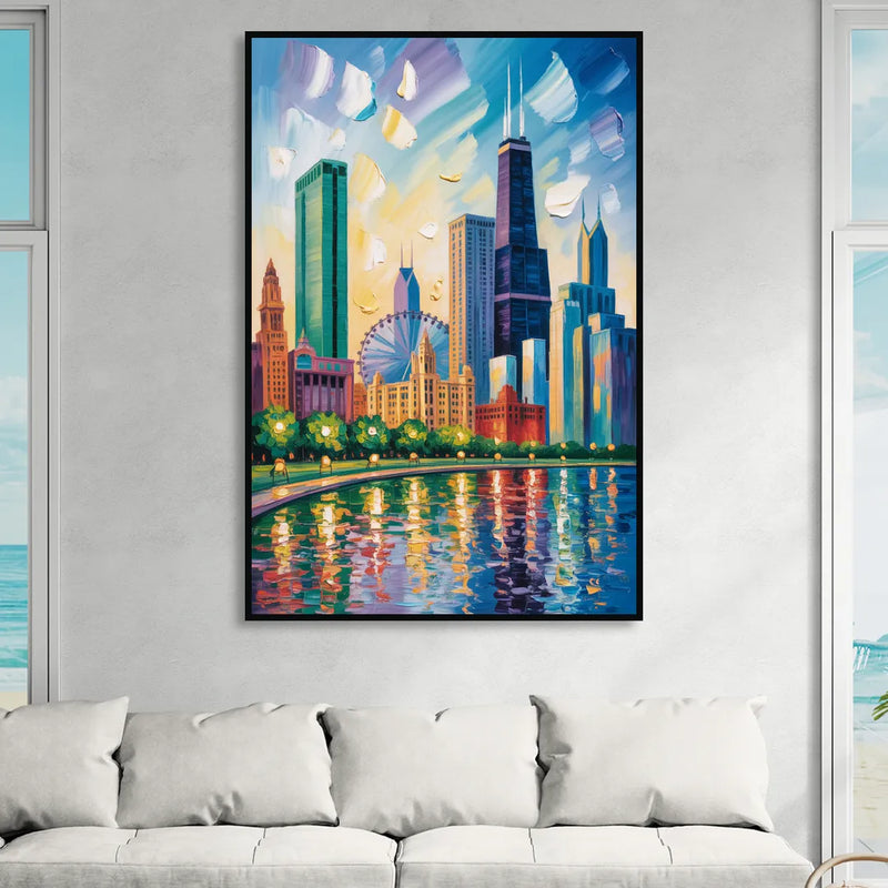 Chicago Minimal Line Art Skyline Living Room - Black Canvas Wall Art