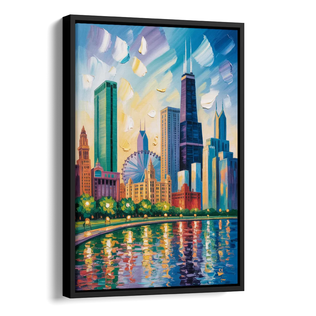 Chicago Minimal Line Art Skyline Side - Black Canvas Wall Art