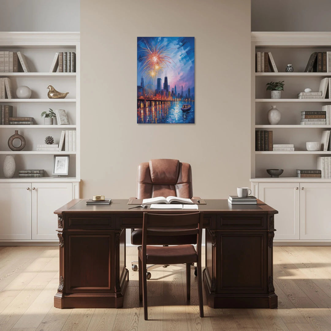 Chicago Navy Pier Fireworks Reflections - Canvas Wall Art - Office - 24x36