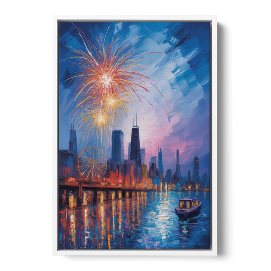 Chicago Navy Pier Fireworks Reflections - White Framed Canvas Wall Art - Front