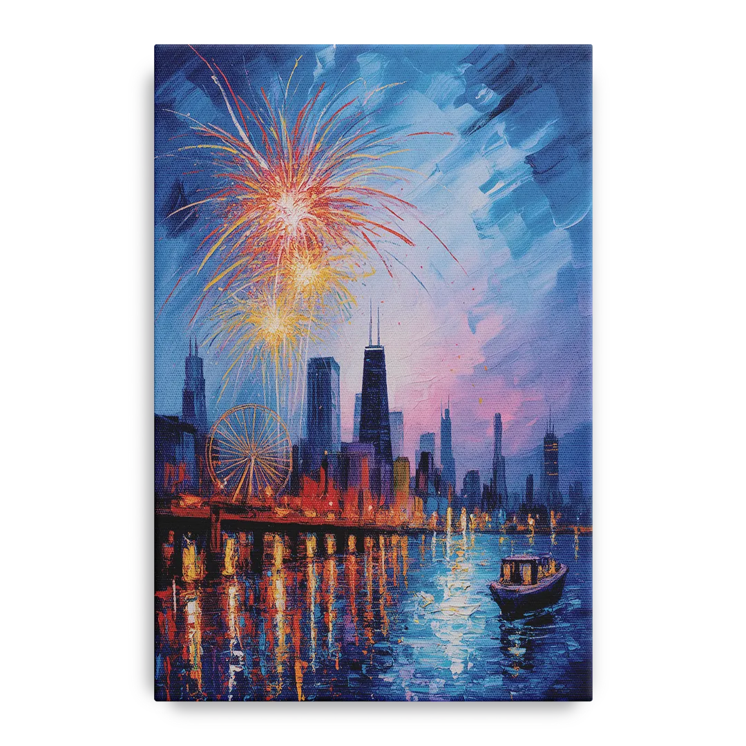Chicago Navy Pier Fireworks Reflections Front - Canvas Wall Art
