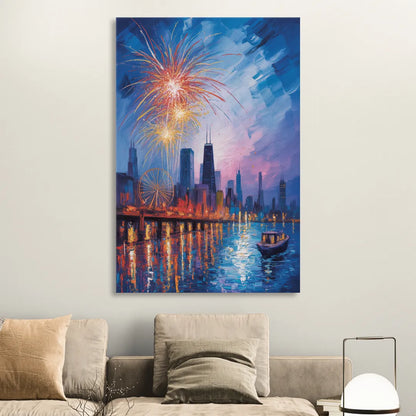 Chicago Navy Pier Fireworks Reflections Living Room - Canvas Wall Art