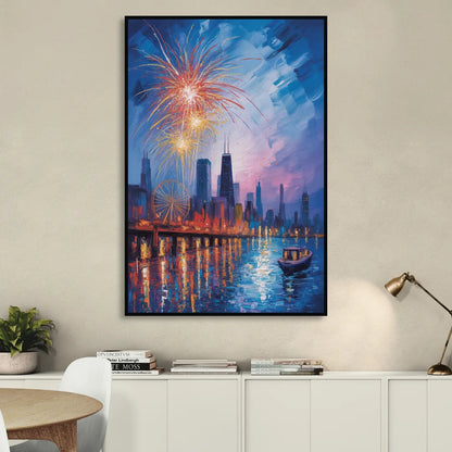 Chicago Navy Pier Fireworks Reflections Living Room - Black Canvas Wall Art