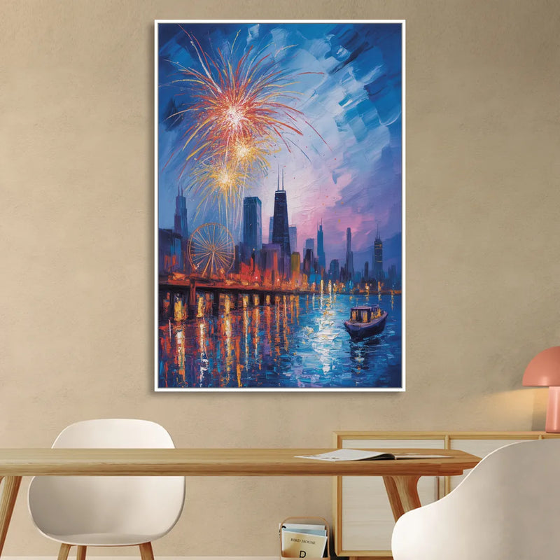Chicago Navy Pier Fireworks Reflections Sitting Room - White Canvas Wall Art