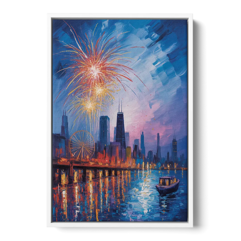 Chicago Navy Pier Fireworks Reflections Front - White Canvas Wall Art
