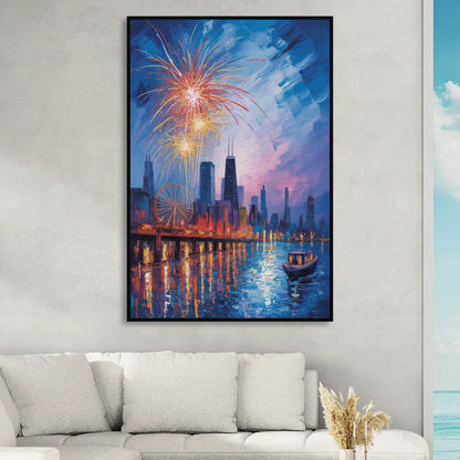 Chicago Navy Pier Fireworks Reflections Sitting Room - Black Canvas Wall Art