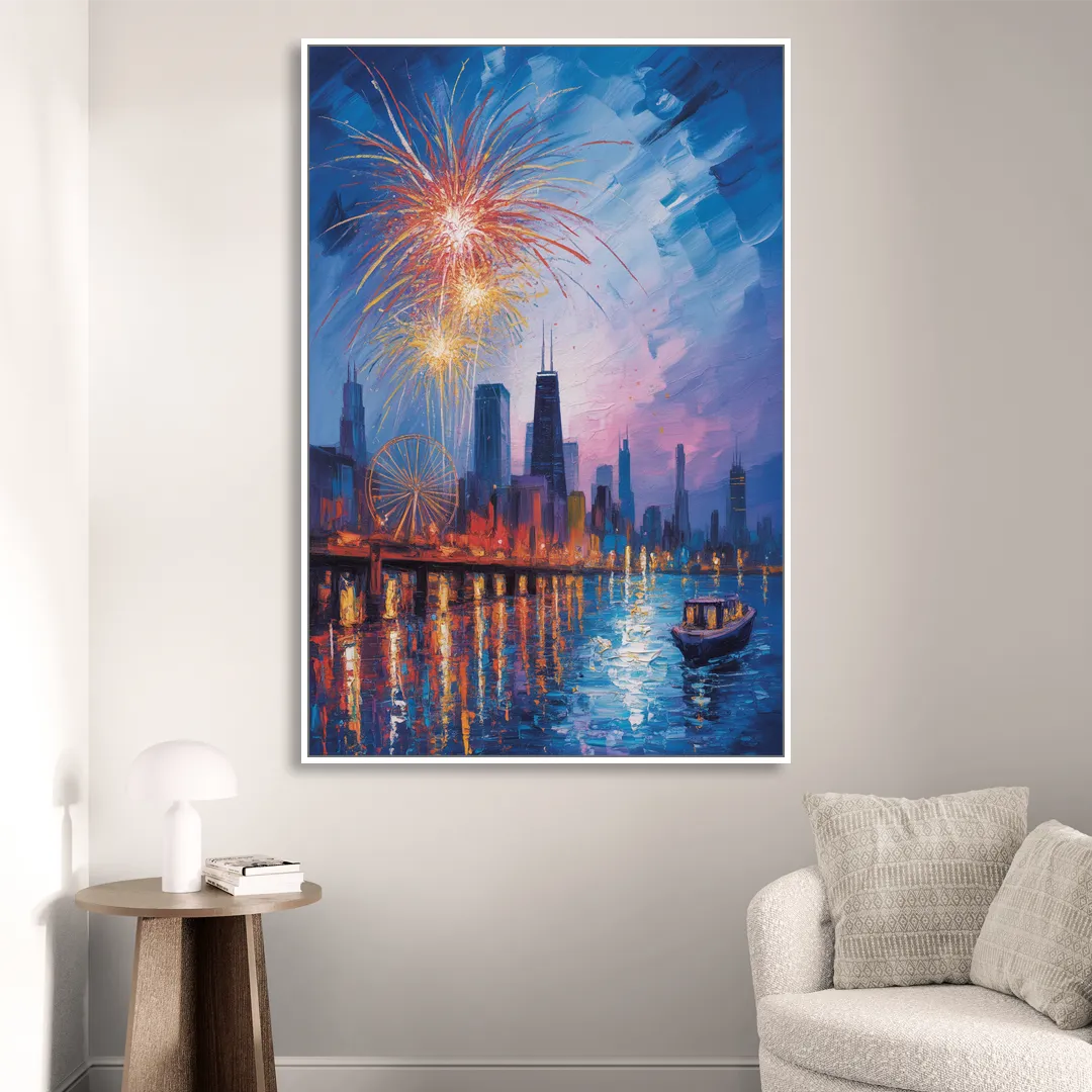 Chicago Navy Pier Fireworks Reflections Living Room - White Canvas Wall Art