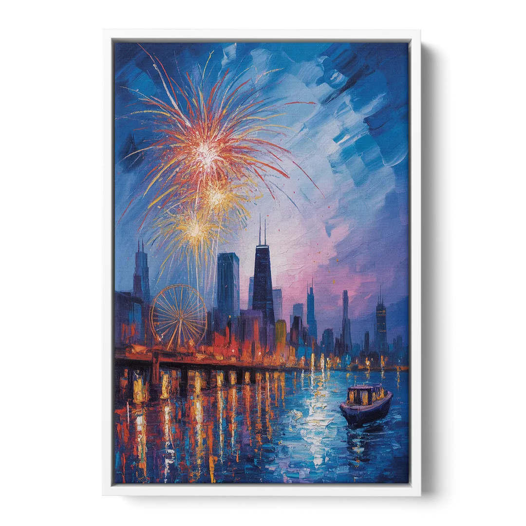 Chicago Navy Pier Fireworks Reflections - White Frame Canvas