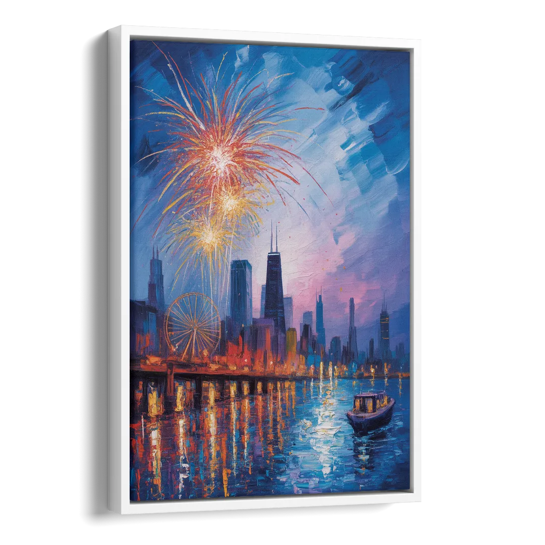 Chicago Navy Pier Fireworks Reflections Side - White Canvas Wall Art