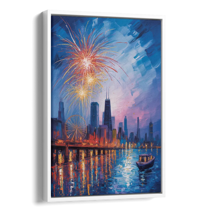 Chicago Navy Pier Fireworks Reflections Side - White Canvas Wall Art
