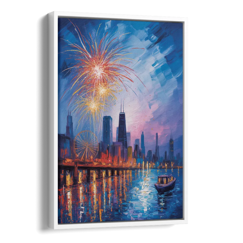 Chicago Navy Pier Fireworks Reflections Side - White Canvas Wall Art