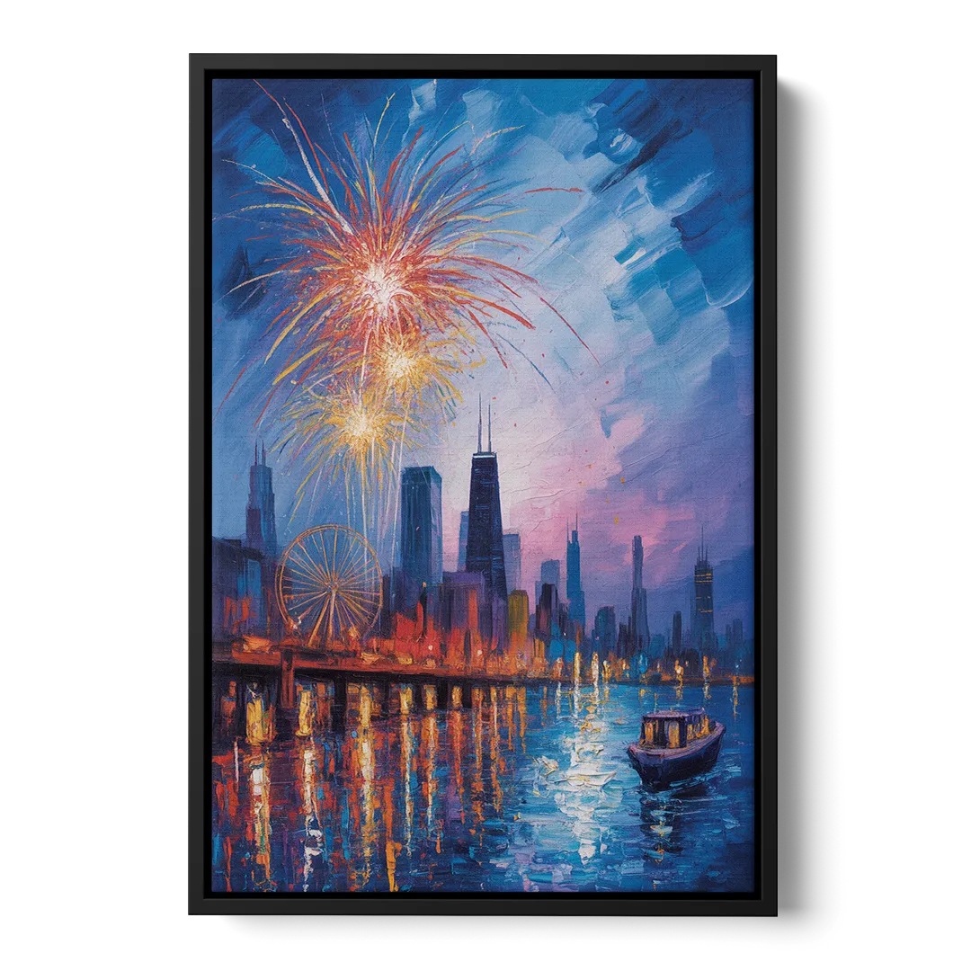 Chicago Navy Pier Fireworks Reflections Front - Black Canvas Wall Art