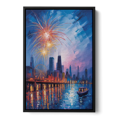 Chicago Navy Pier Fireworks Reflections Front - Black Canvas Wall Art