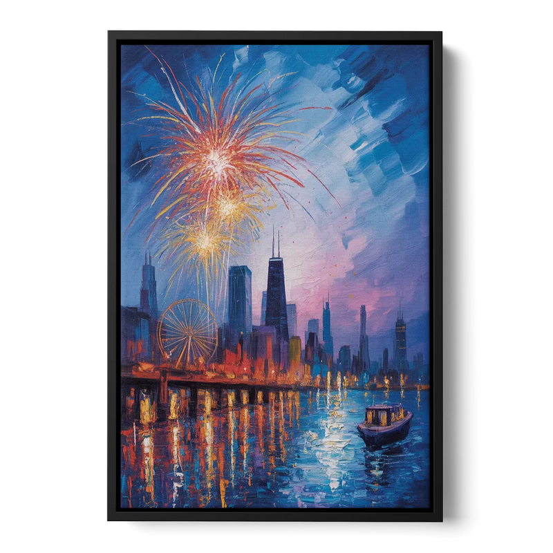Chicago Navy Pier Fireworks Reflections Front - Black Canvas Wall Art