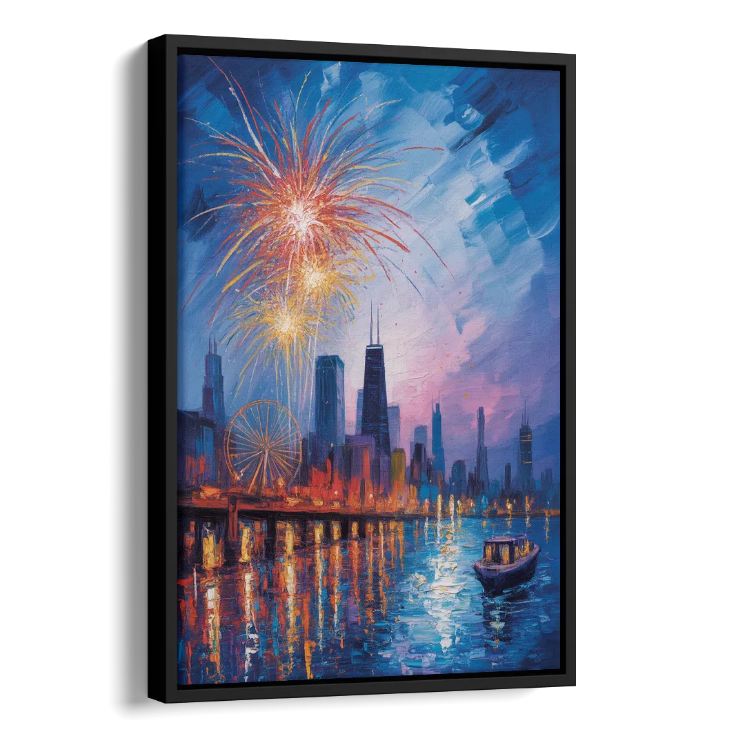 Chicago Navy Pier Fireworks Reflections Side - Black Canvas Wall Art