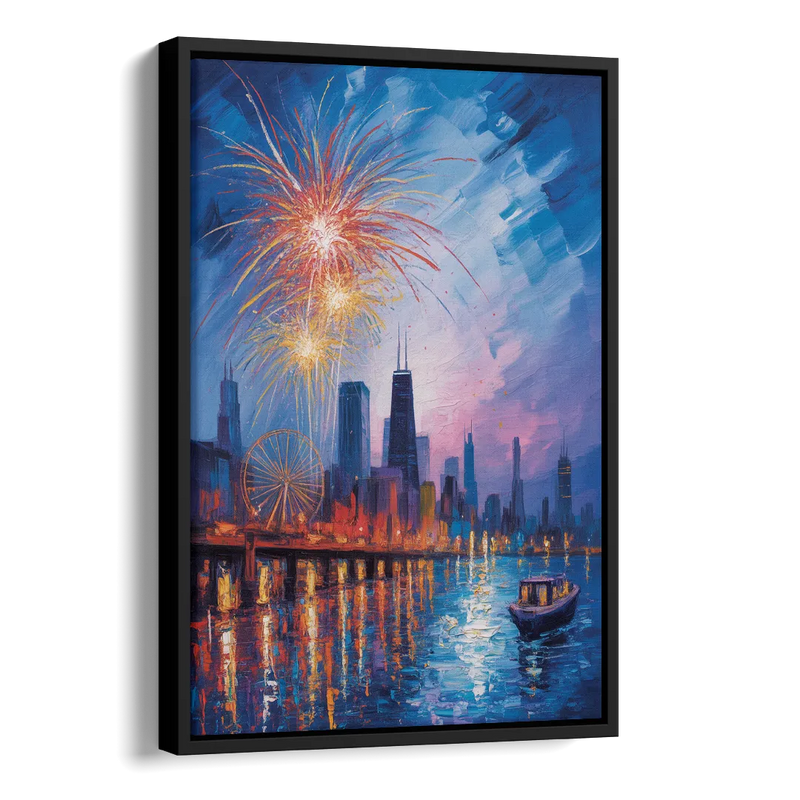 Chicago Navy Pier Fireworks Reflections Side - Black Canvas Wall Art