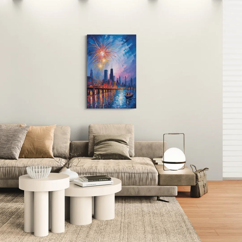 Chicago Navy Pier Fireworks Reflections - Canvas Wall Art Living Room