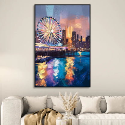 Chicago Navy Pier View Living Room - Black Canvas Wall Art