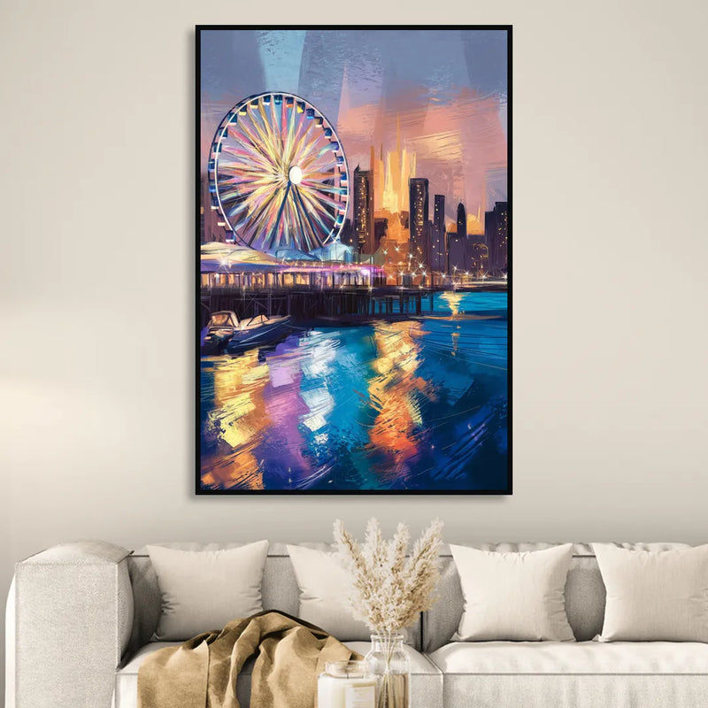 Chicago Navy Pier View Living Room - Black Canvas Wall Art