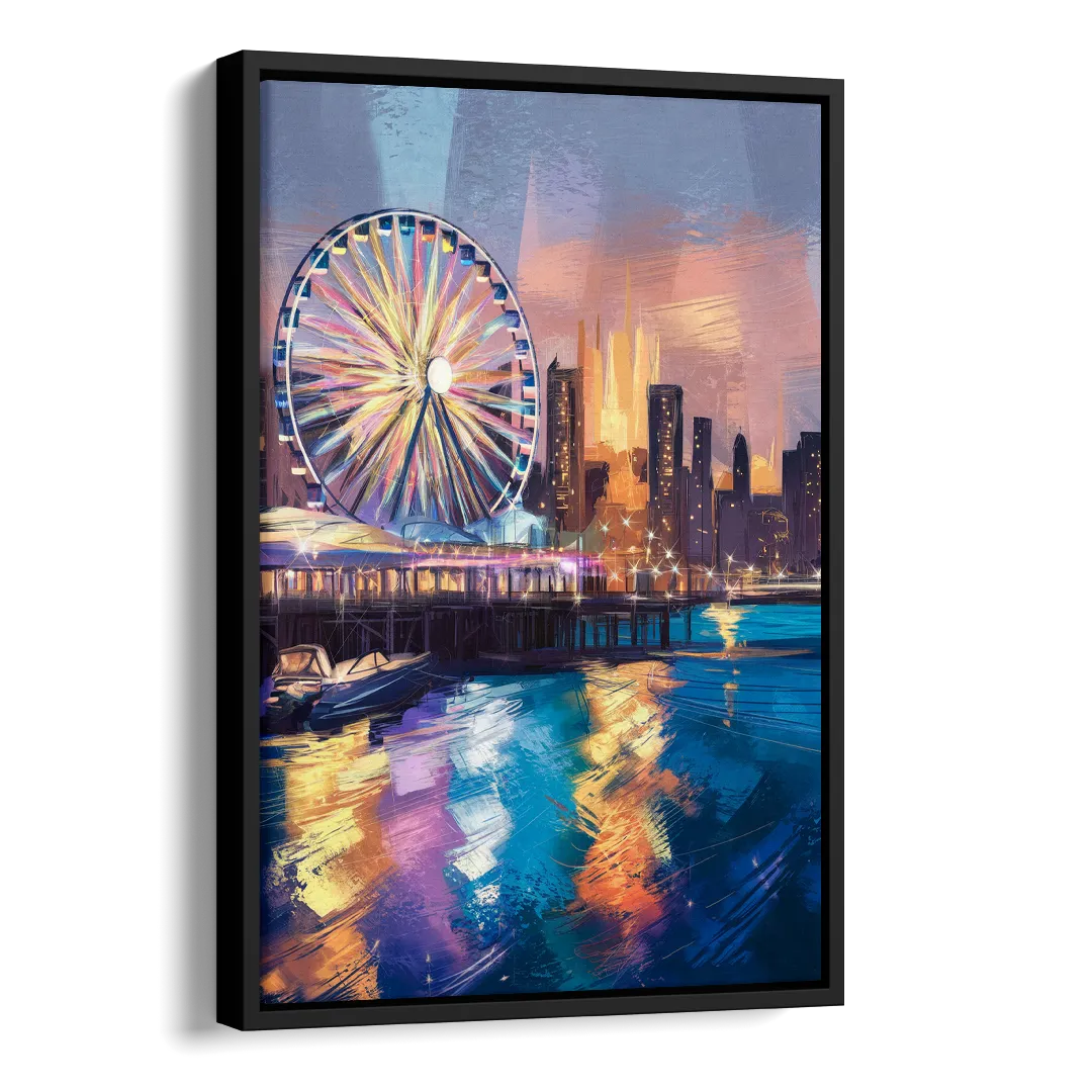 Chicago Navy Pier View Side - Black Canvas Wall Art