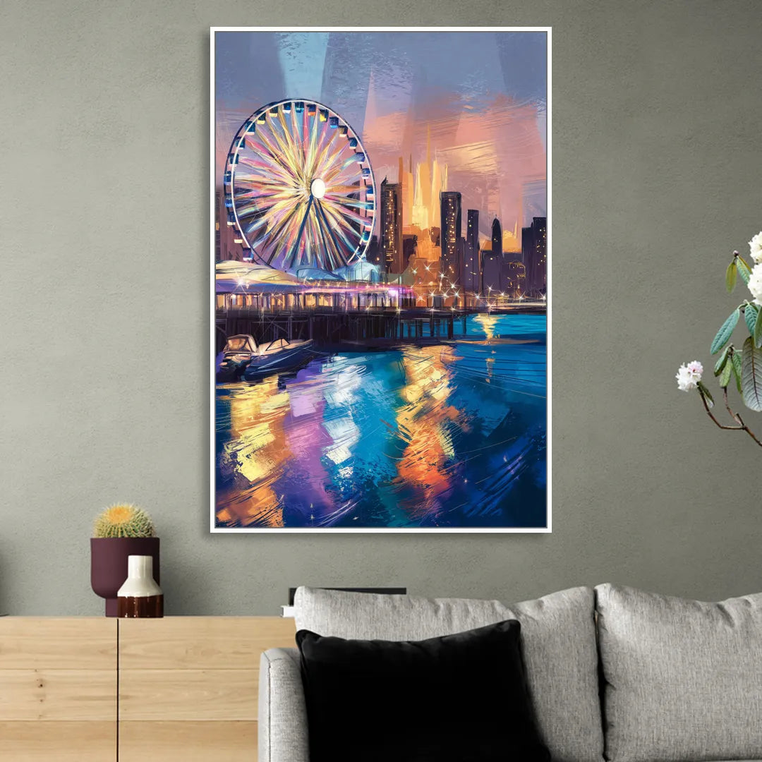 Chicago Navy Pier View Sitting Room - White Canvas Wall Art