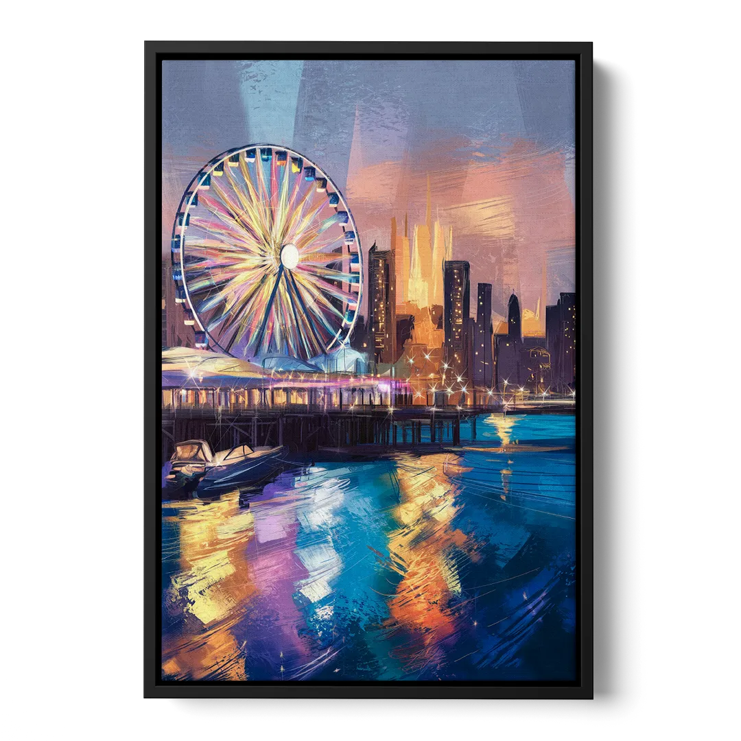 Chicago Navy Pier View Front - Black Canvas Wall Art