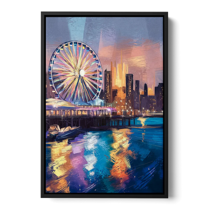 Chicago Navy Pier View Front - Black Canvas Wall Art