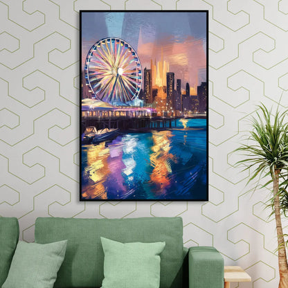 Chicago Navy Pier View Sitting Room - Black Canvas Wall Art