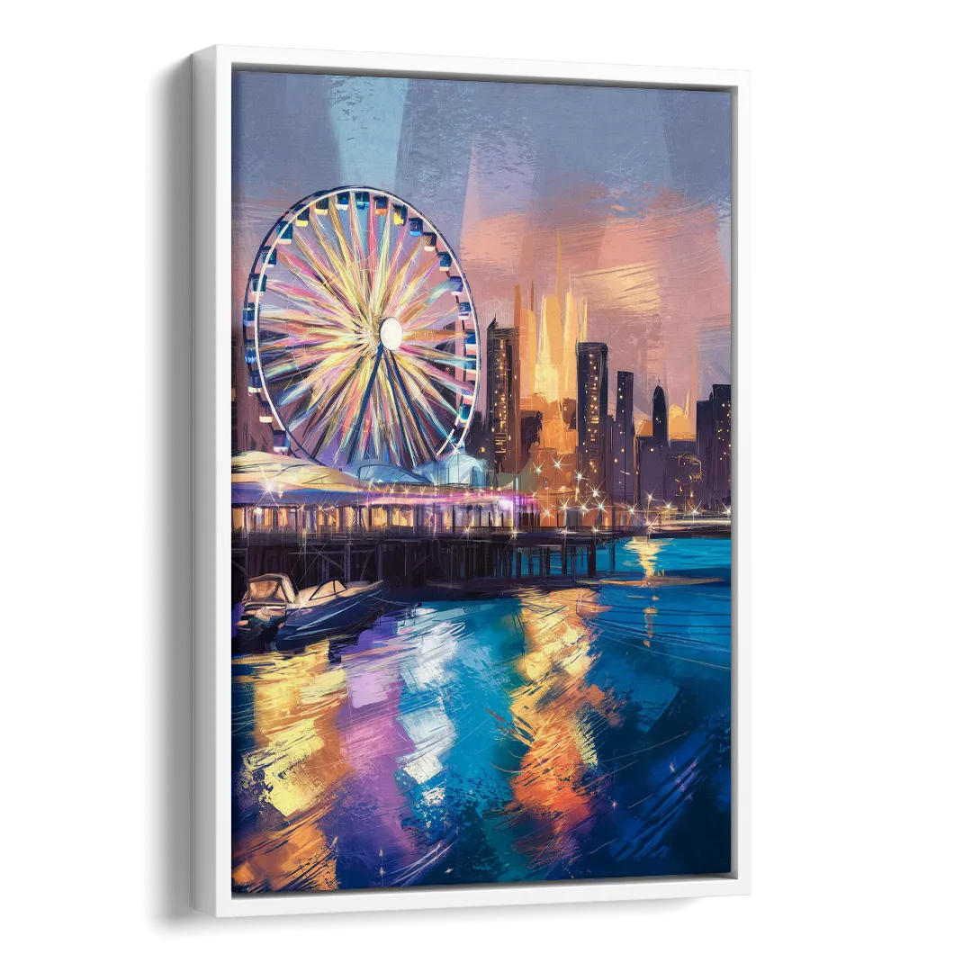 Chicago Navy Pier View Side - White Canvas Wall Art