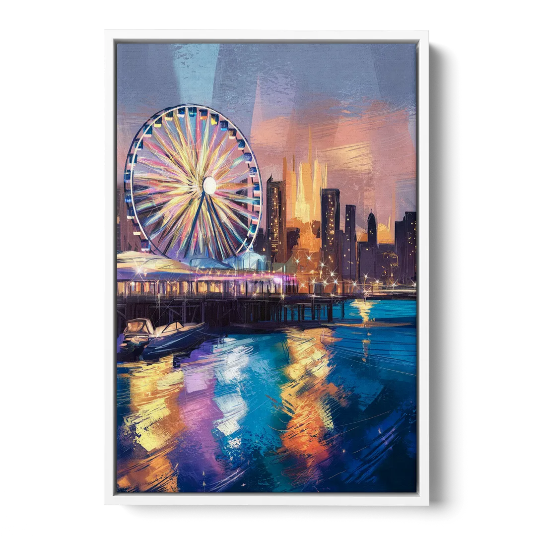 Chicago Navy Pier View Front - White Canvas Wall Art