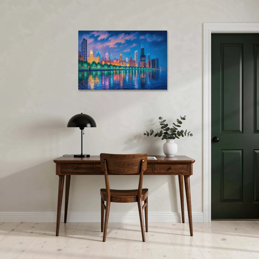 Chicago Neon Reflections at Night - Canvas Wall Art - Office - 36x24