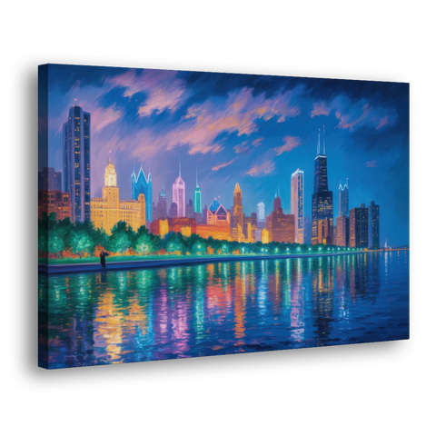 Chicago Neon Reflections at Night - Canvas Wall Art - Side