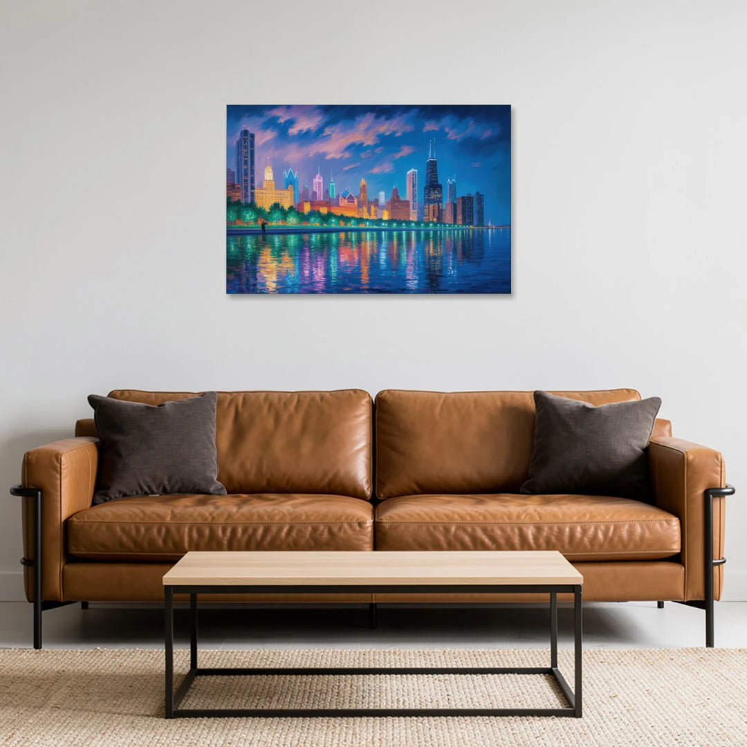 Chicago Neon Reflections at Night - Canvas Wall Art - Sofa - 36x24