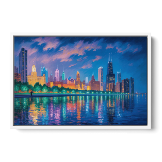 Chicago Neon Reflections at Night - White Framed Canvas Wall Art - Front
